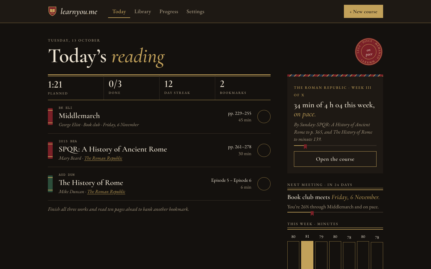 The Today page: the day’s sittings with page ranges and minutes, the day streak and this week’s minutes.